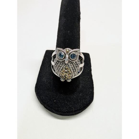 Owl Statement Ring NWT Silver Tone Blue Eyes Marcasite Style Size 8 - Picture 1 of 6